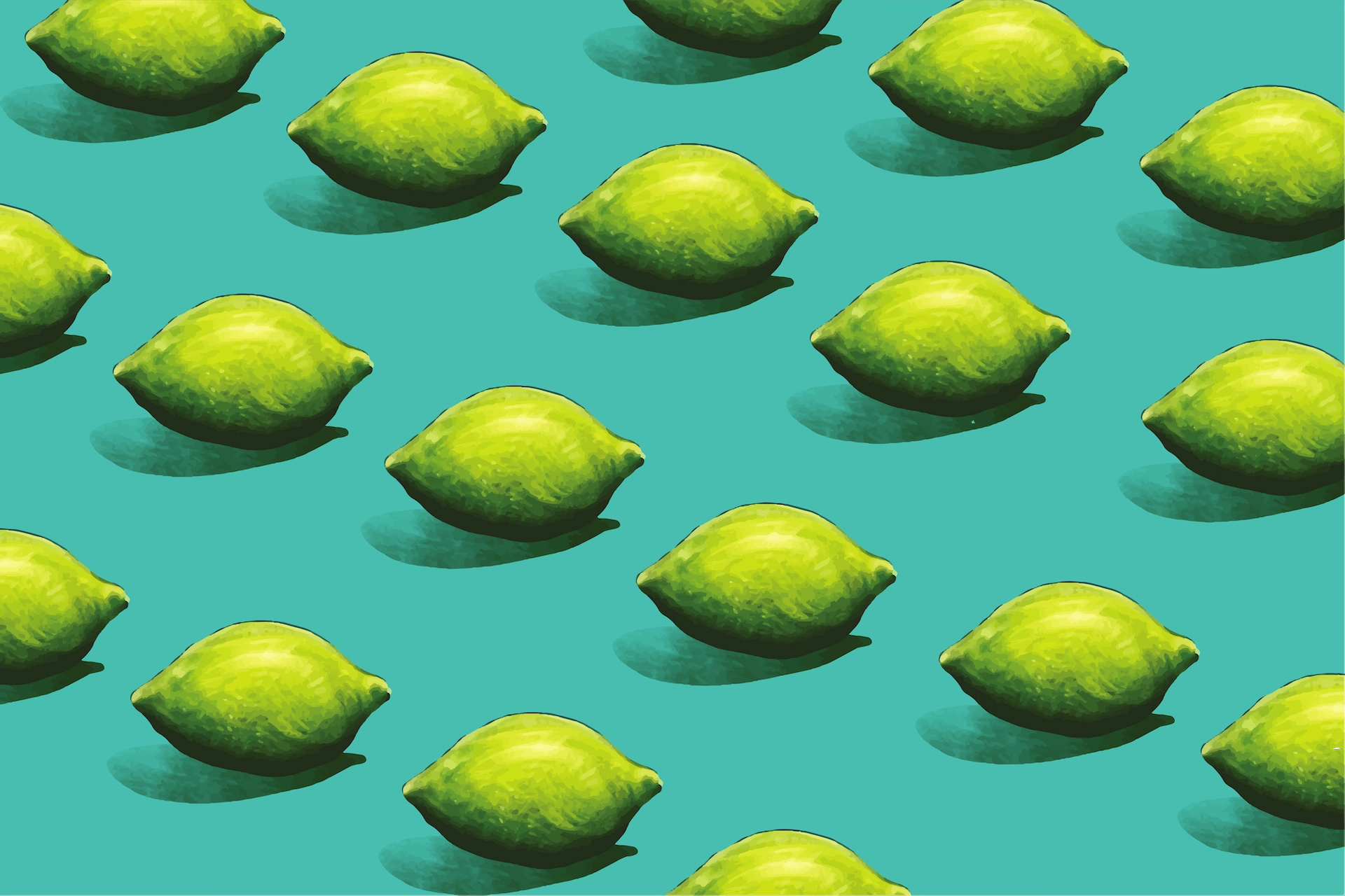 Pattern of bright green limes on teal background