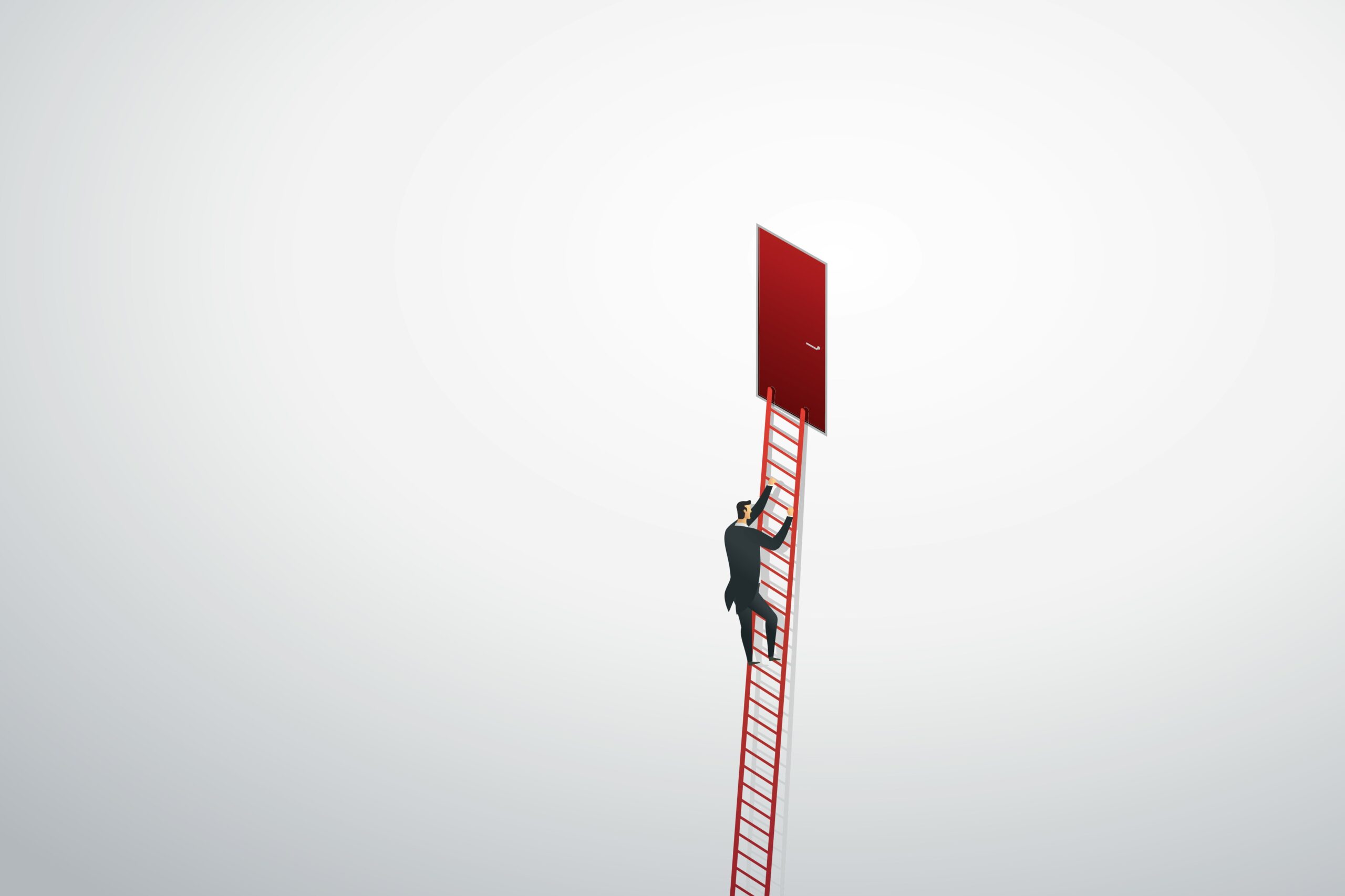 Man climbs red ladder towards floating door
