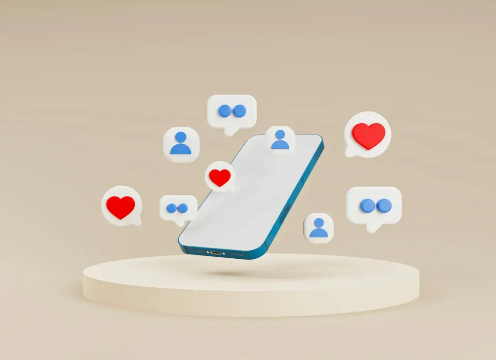 Smartphone with floating social media interaction icons