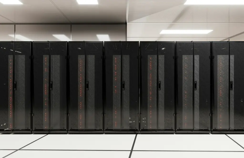 Modern data center with rows of server racks
