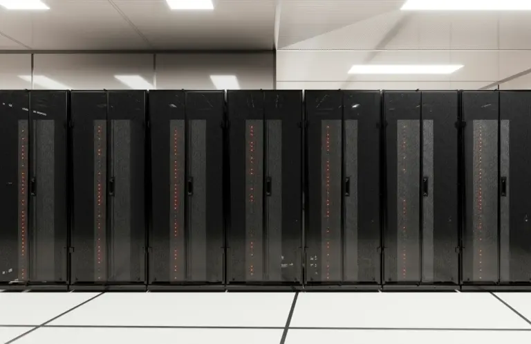 Modern data center with rows of server racks