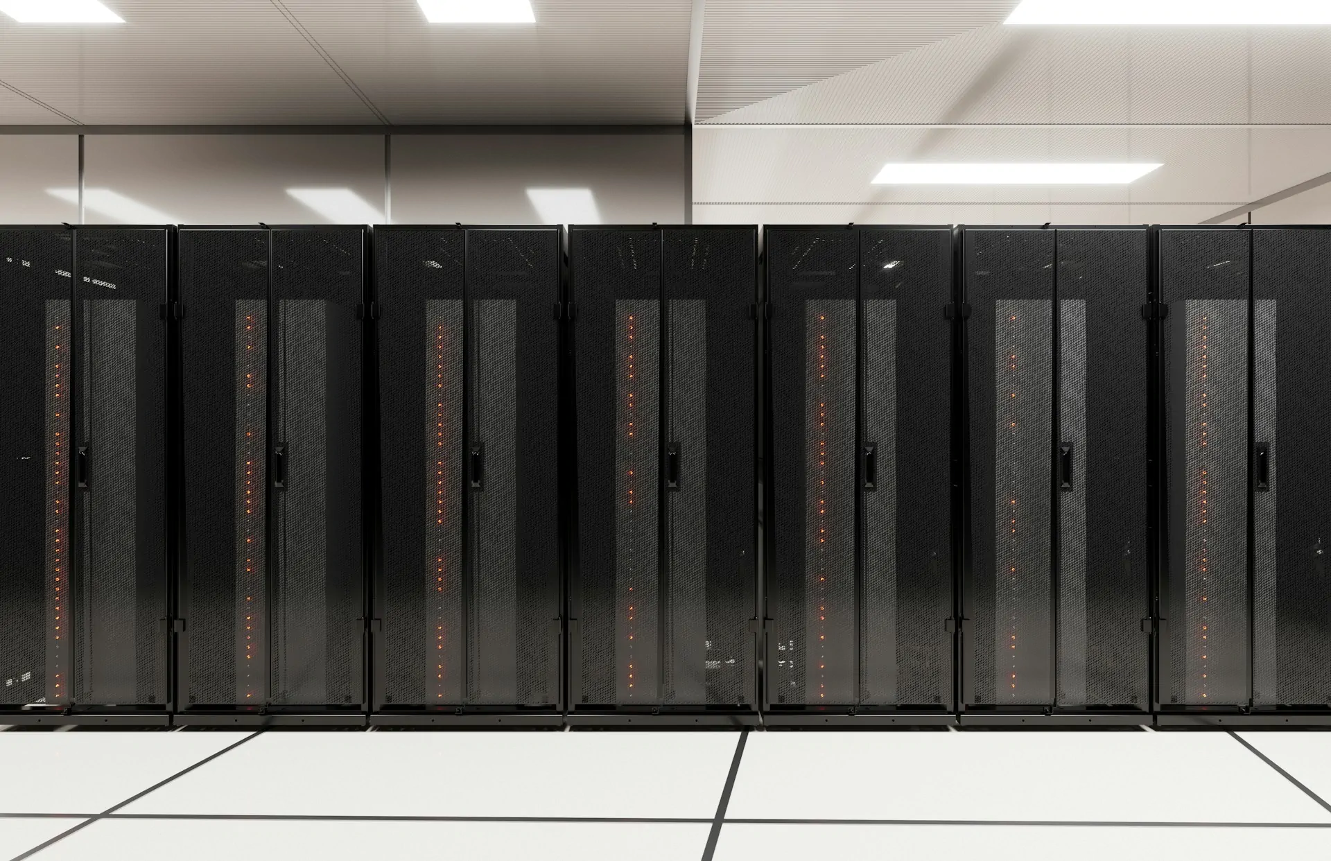 Modern data center with rows of server racks