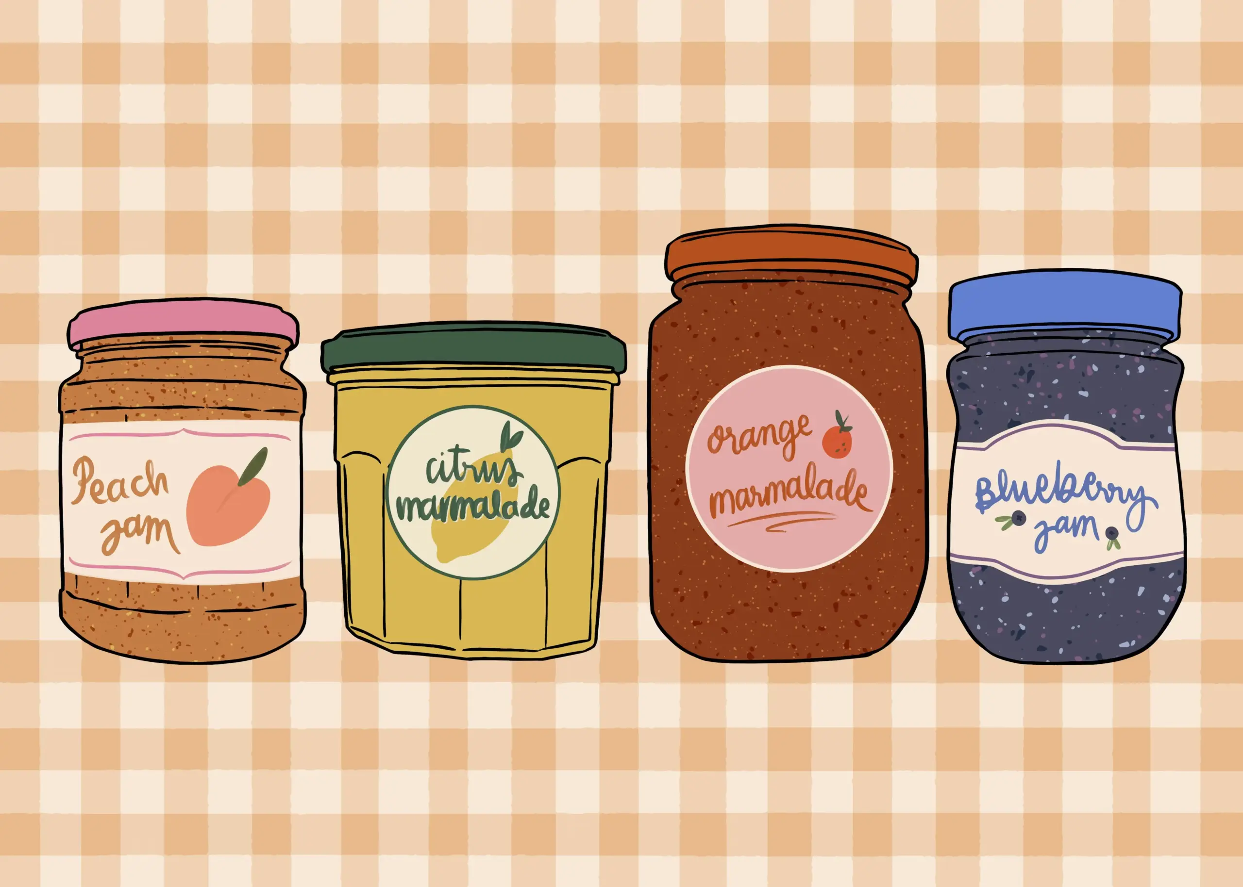 Illustration of assorted fruit jam jars on checkered background