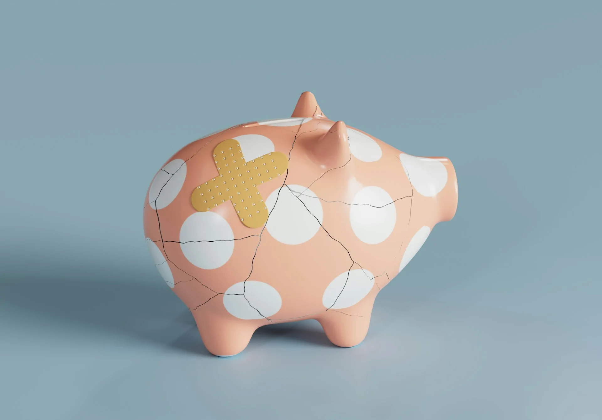 Cracked piggy bank with adhesive bandage on blue background