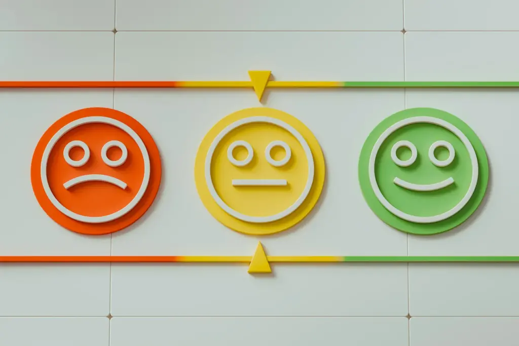 Colorful wall-mounted sad, neutral, happy emoticon faces