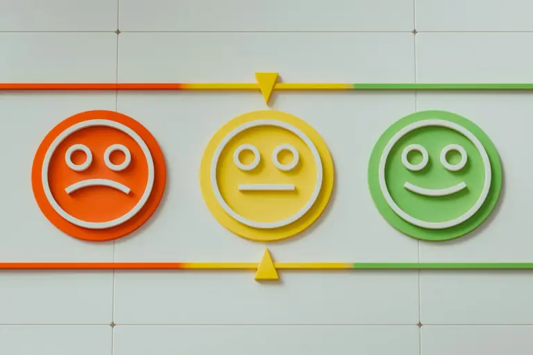 Colorful wall-mounted sad, neutral, happy emoticon faces