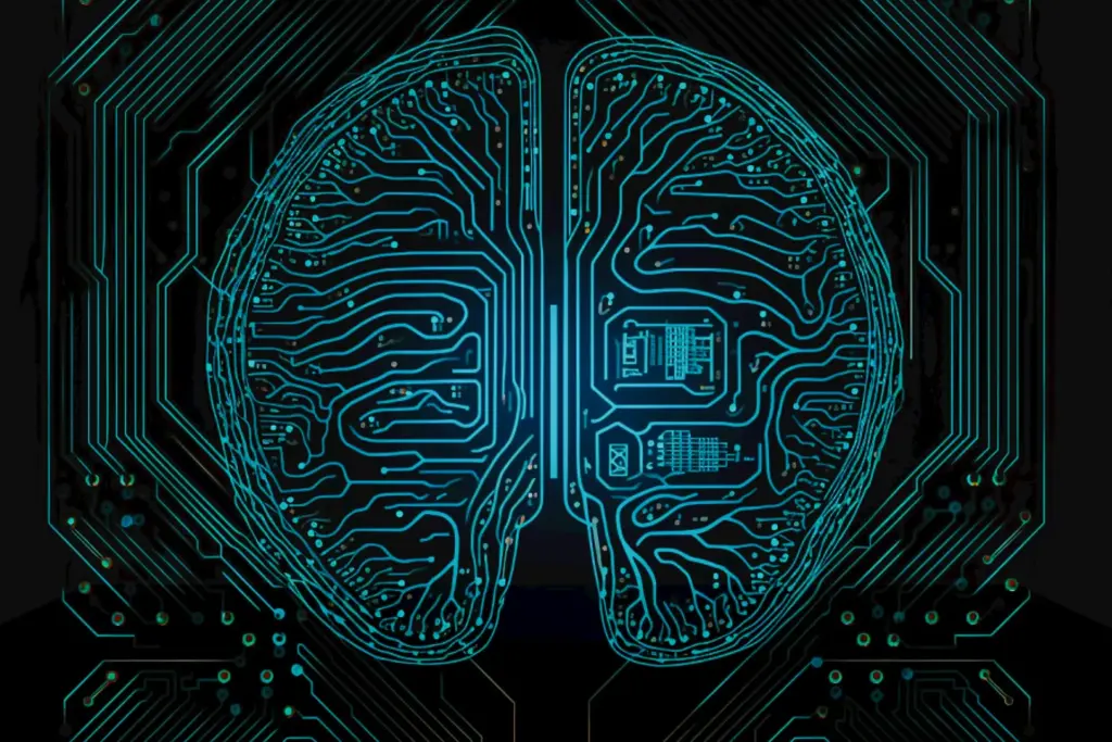 Digital brain circuit board design in neon colors