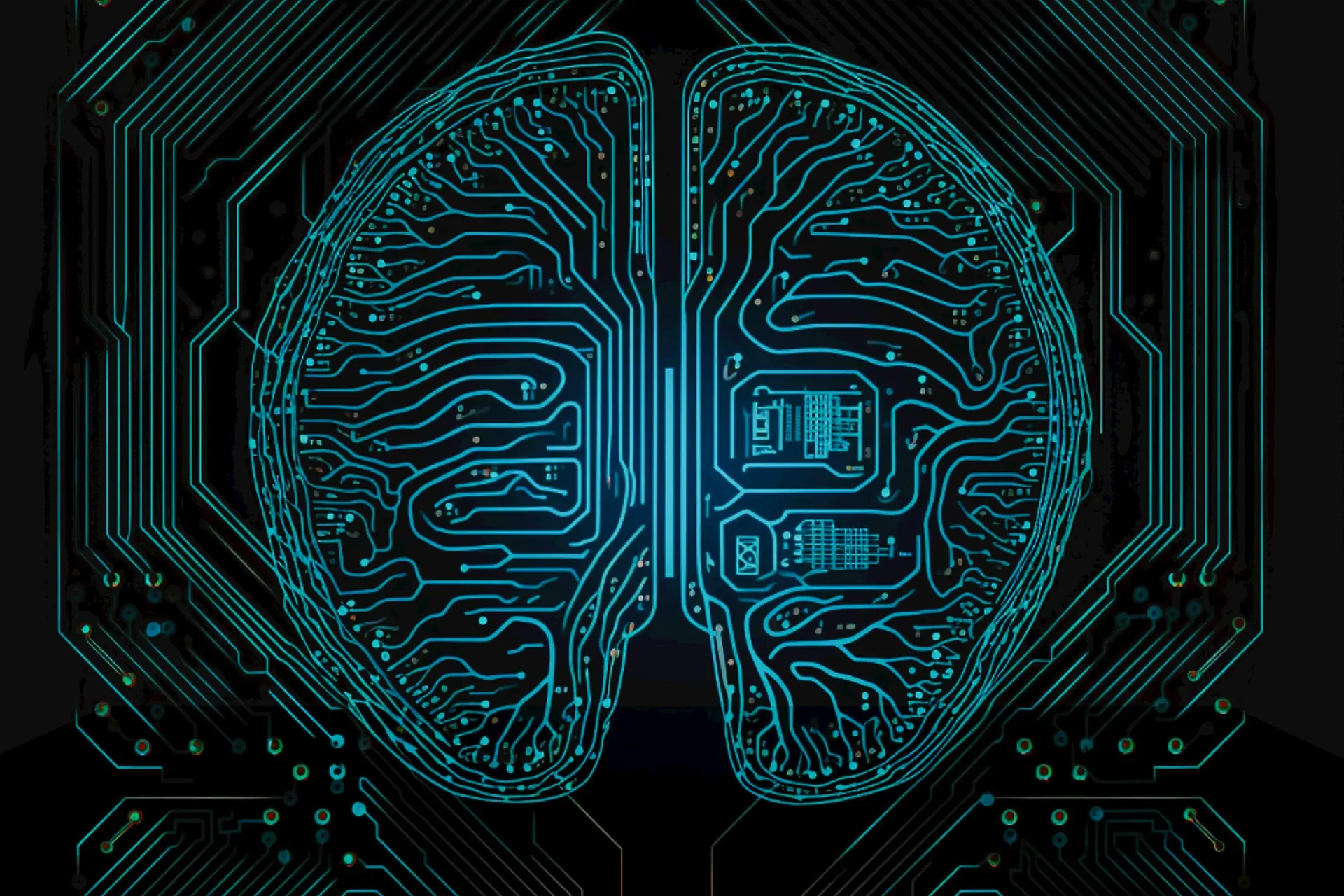 Digital brain circuit board design in neon colors
