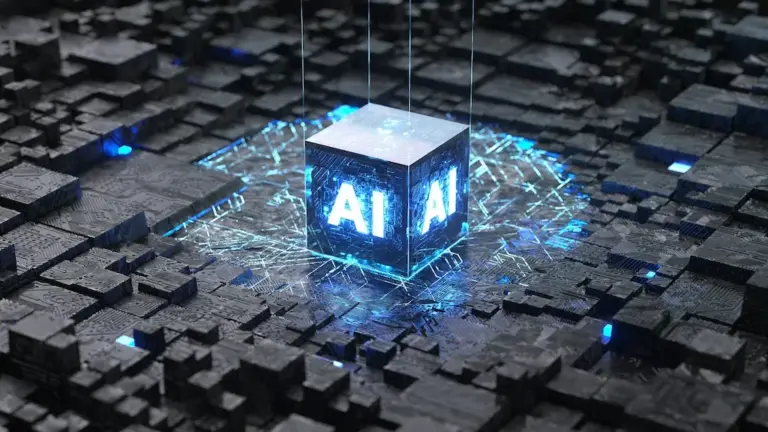 Futuristic glowing cube with AI letters