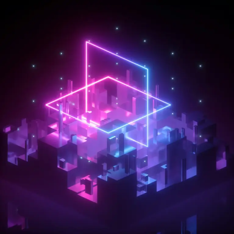 Futuristic neon cityscape with glowing geometric shapes